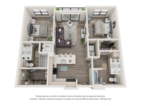 Floor plan for 2 beds, 2 baths, 1060 sqft